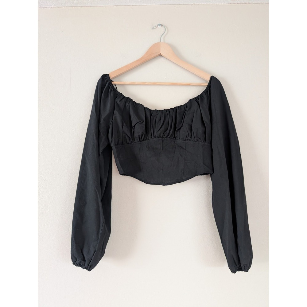 Camellia Black Milkmaid Crop Top Puff Sleeve Feminine Cottage Coquette Womens L